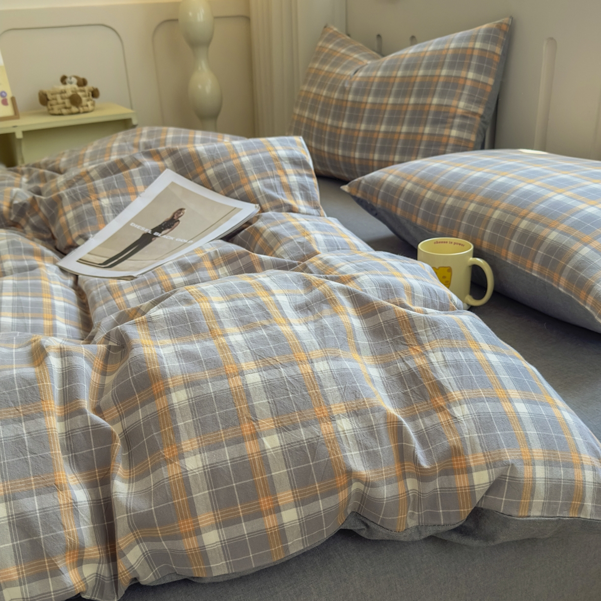 91家纺网 家纺一手货源 找家纺 宜家坊 2025新款A类全棉色织水洗棉四件套纯棉格子纯色被套学生宿舍三件套定制定做 映像格-橙灰