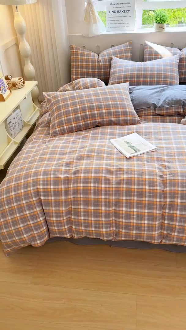 91家纺网 家纺一手货源 找家纺 宜家坊 2025新款A类全棉色织水洗棉四件套纯棉格子纯色被套学生宿舍三件套定制定做 映像格-橙灰