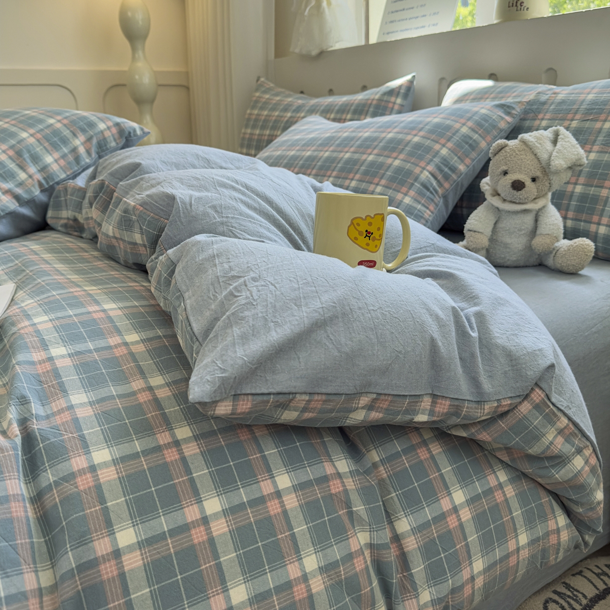 91家纺网 家纺一手货源 找家纺 宜家坊 2025新款A类全棉色织水洗棉四件套纯棉格子纯色被套学生宿舍三件套定制定做 映像格-蓝