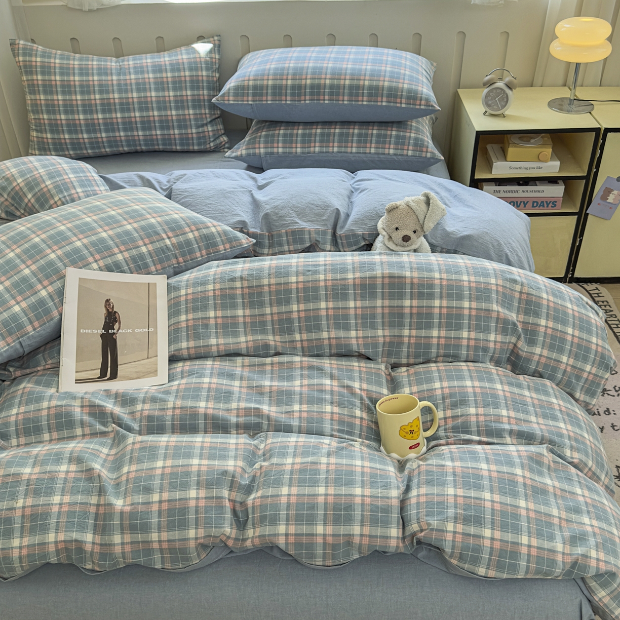 91家纺网 家纺一手货源 找家纺 宜家坊 2025新款A类全棉色织水洗棉四件套纯棉格子纯色被套学生宿舍三件套定制定做 映像格-蓝