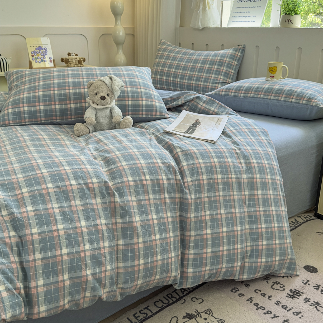 91家纺网 家纺一手货源 找家纺 宜家坊 2025新款A类全棉色织水洗棉四件套纯棉格子纯色被套学生宿舍三件套定制定做 映像格-蓝