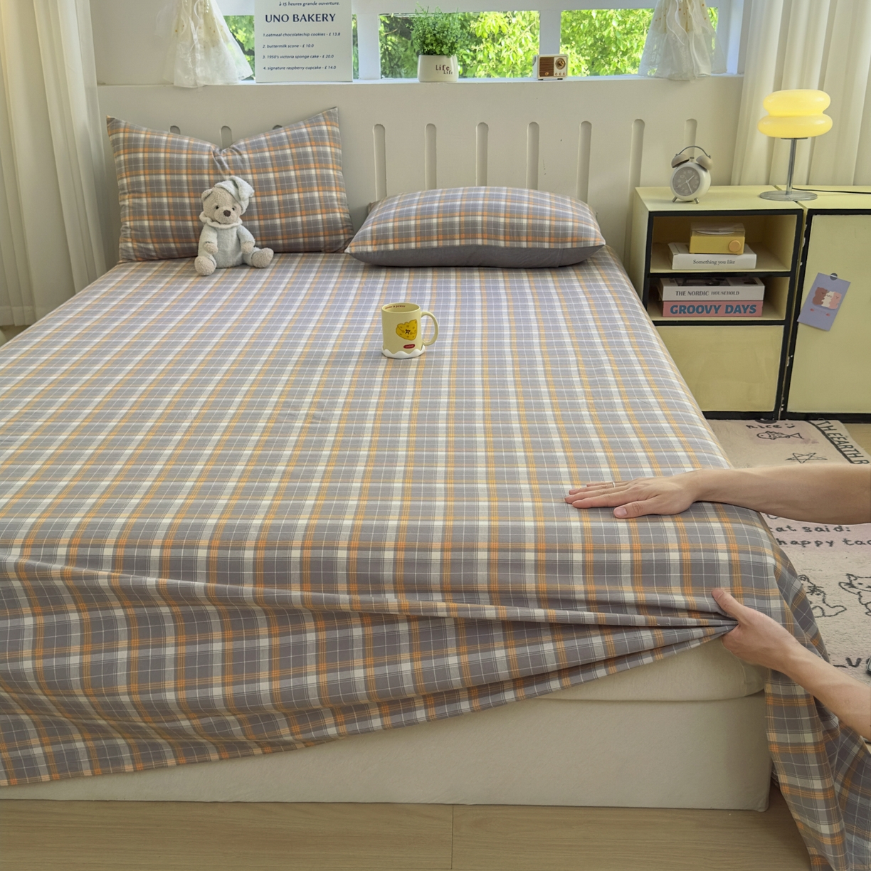 91家纺网 家纺一手货源 找家纺 宜家坊 2025新款A类色织全棉水洗棉床单单件纯棉格子纯色学生宿舍定制定做 映像格-橙灰