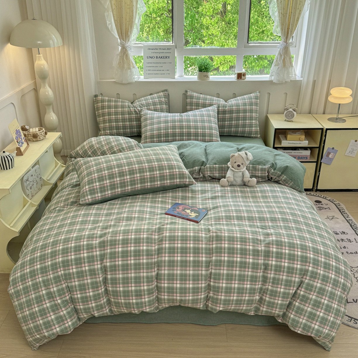 91家纺网 家纺一手货源 找家纺 宜家坊 2025新款A类全棉色织水洗棉四件套纯棉格子纯色被套学生宿舍三件套定制定做 映像格-绿