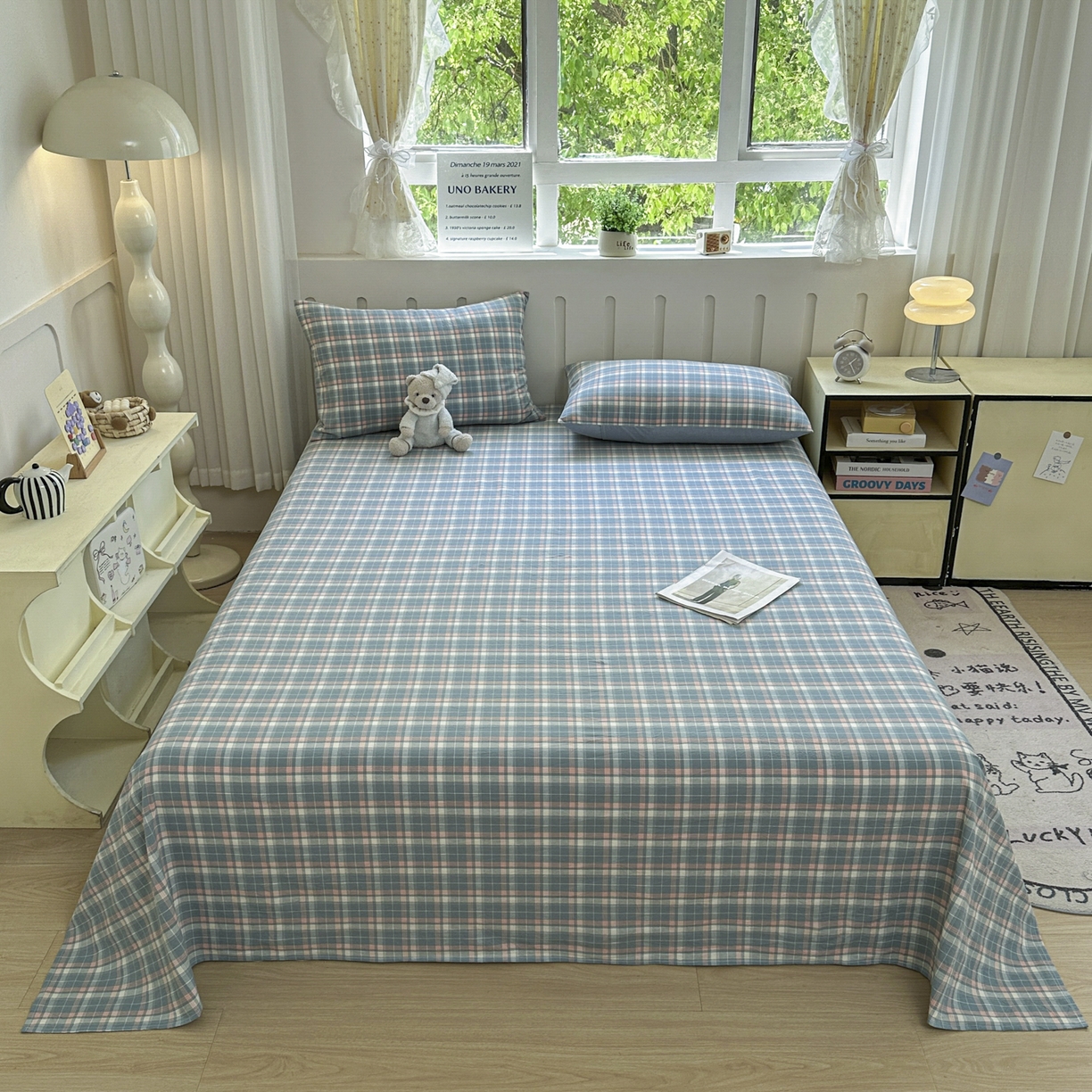 91家纺网 家纺一手货源 找家纺 宜家坊 2025新款A类色织全棉水洗棉床单单件纯棉格子纯色学生宿舍定制定做 映像格-蓝