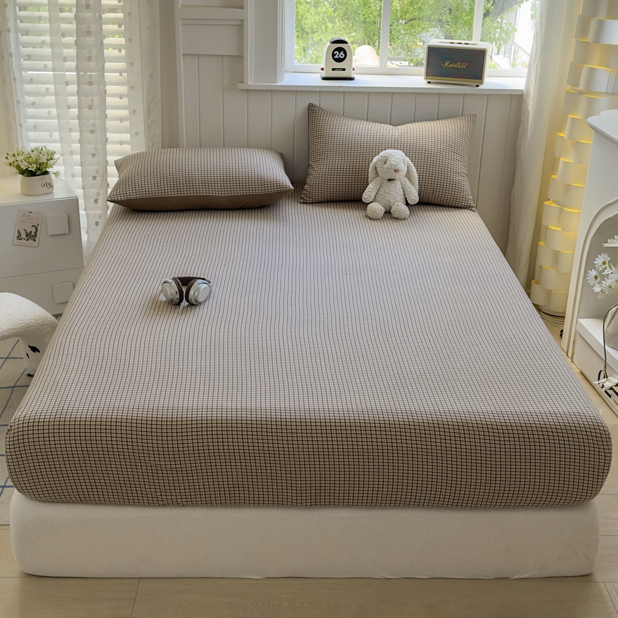 91家纺网 家纺一手货源 找家纺 （总）宜家坊 2025新款A类色织全棉水洗棉床笠单件纯棉格子纯色学生宿舍定制定做