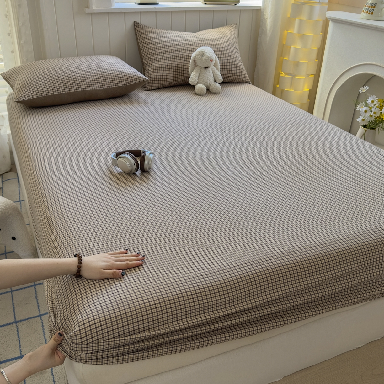 91家纺网 家纺一手货源 找家纺 （总）宜家坊 2025新款A类色织全棉水洗棉床笠单件纯棉格子纯色学生宿舍定制定做