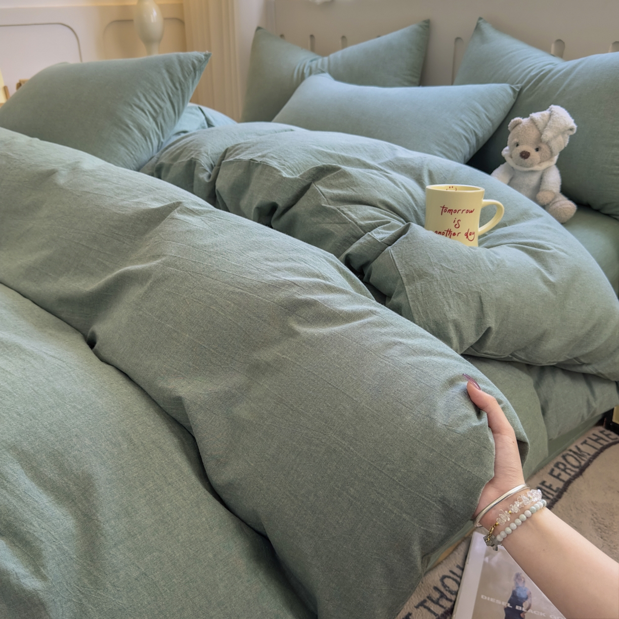 91家纺网 家纺一手货源 找家纺 宜家坊 2025新款A类全棉色织水洗棉单枕套系列 纯色-草绿