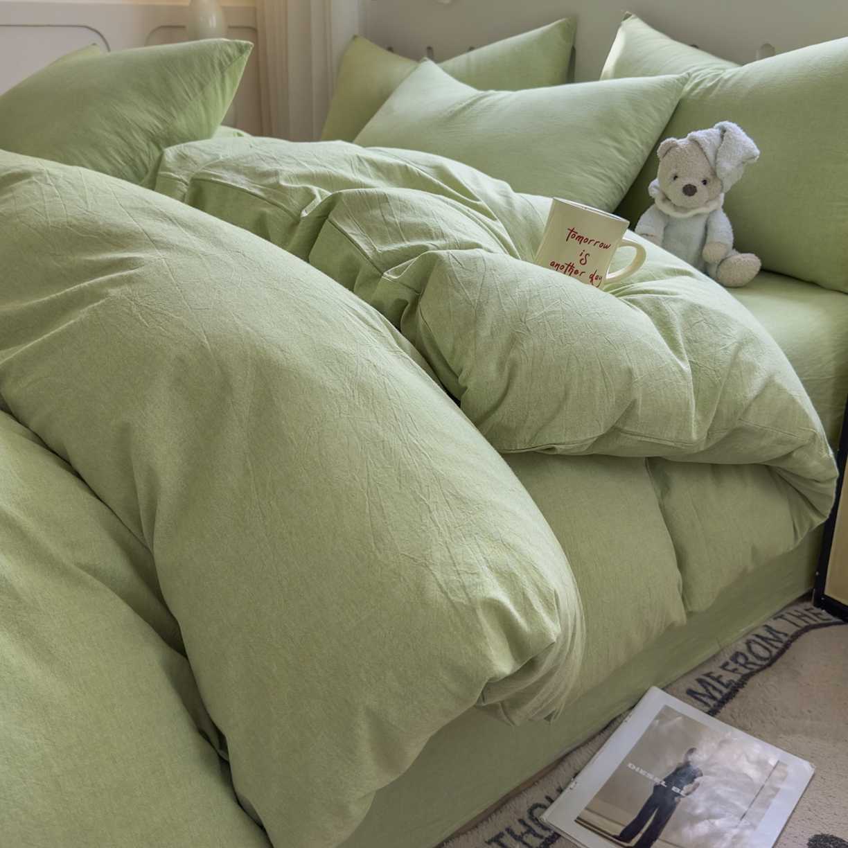 91家纺网 家纺一手货源 找家纺 宜家坊 2025新款A类全棉色织水洗棉单枕套系列 纯色-果绿