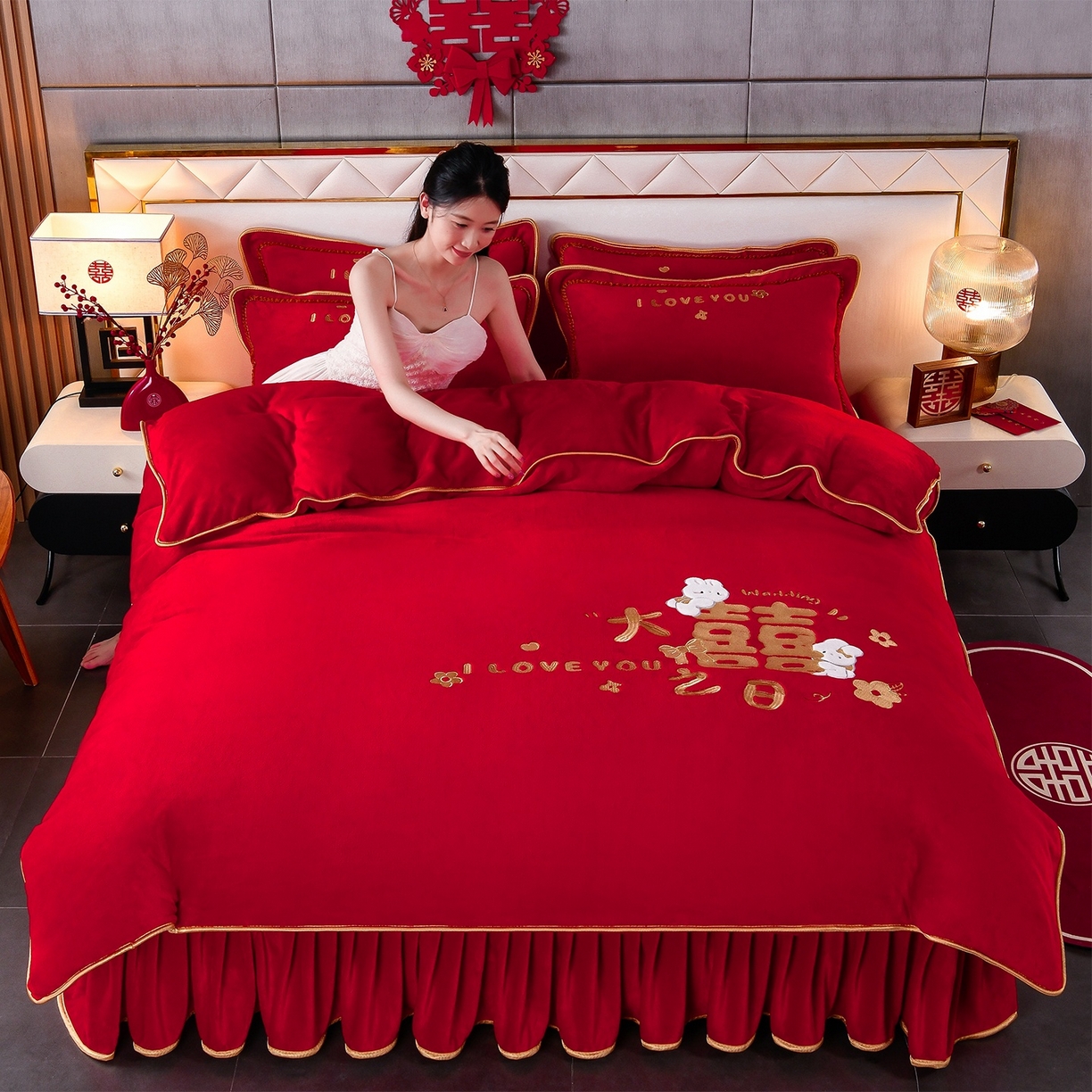 91家纺网 家纺一手货源 找家纺 （总）居尚家纺 2025新款牛奶绒大红婚庆刺绣四件套