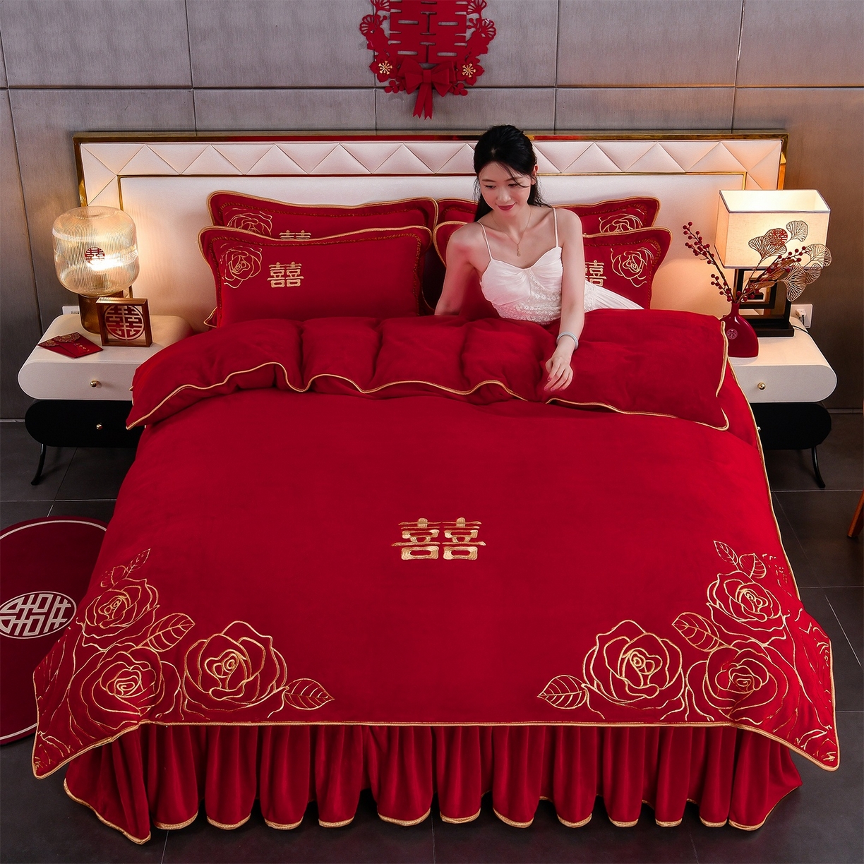 91家纺网 家纺一手货源 找家纺 （总）居尚家纺 2025新款牛奶绒大红婚庆刺绣四件套