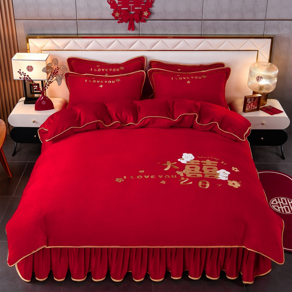 91家纺网 家纺一手货源 找家纺 居尚家纺 2025新款牛奶绒大红婚庆刺绣四件套 大喜之日