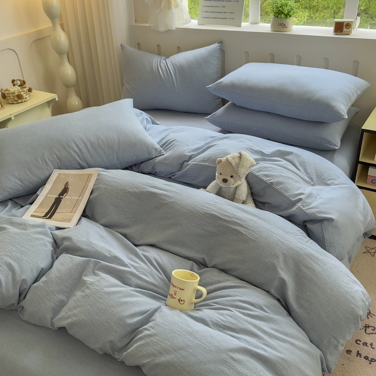 91家纺网 家纺一手货源 找家纺 宜家坊 2025新款A类全棉色织水洗棉单枕套系列 纯色-浅蓝