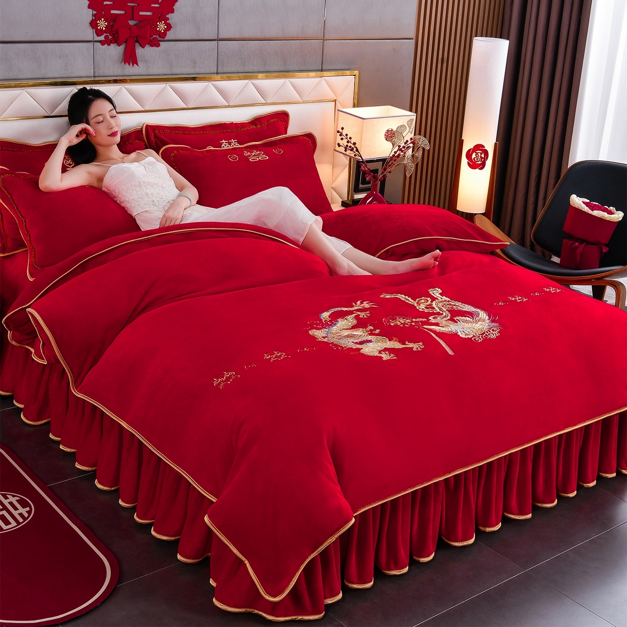91家纺网 家纺一手货源 找家纺 居尚家纺 2025新款牛奶绒大红婚庆刺绣四件套 龙凤呈祥