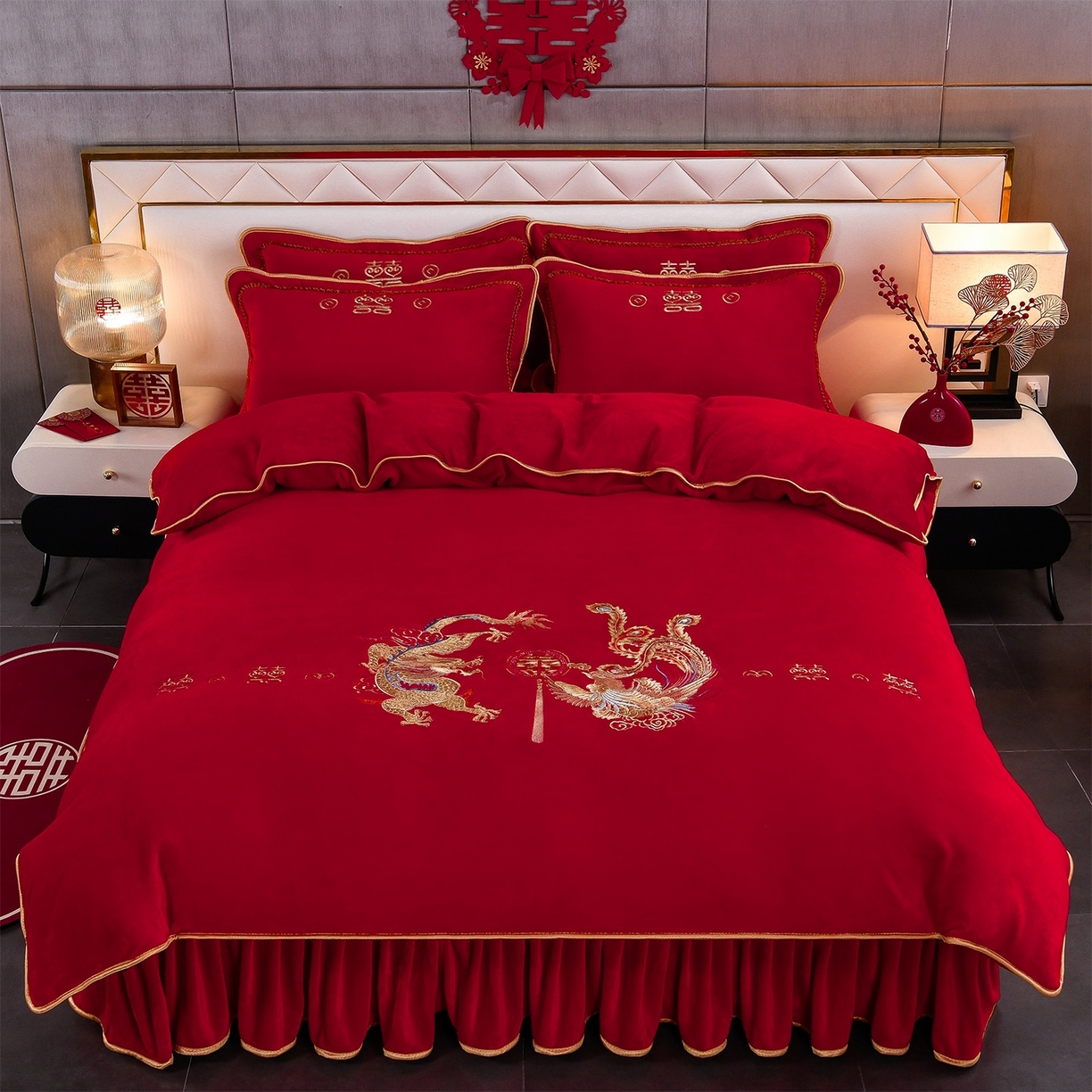 91家纺网 家纺一手货源 找家纺 居尚家纺 2025新款牛奶绒大红婚庆刺绣四件套 龙凤呈祥