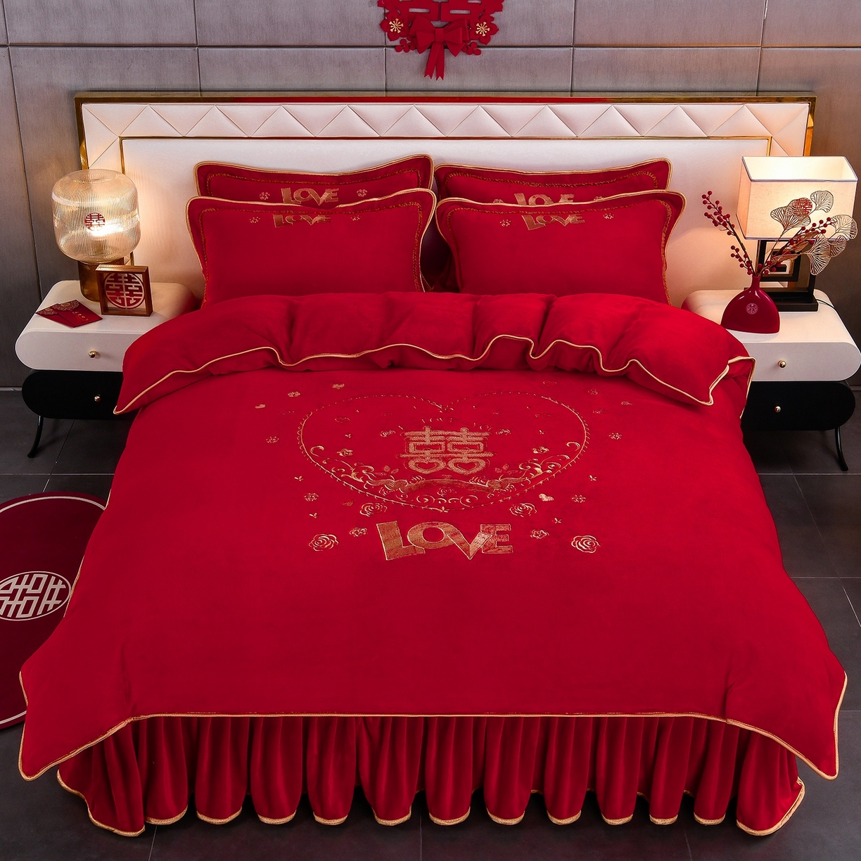 91家纺网 家纺一手货源 找家纺 居尚家纺 2025新款牛奶绒大红婚庆刺绣四件套 喜爱