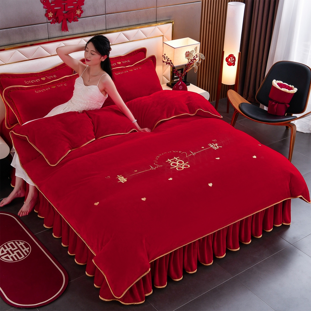 91家纺网 家纺一手货源 找家纺 居尚家纺 2025新款牛奶绒大红婚庆刺绣四件套 幸福满满