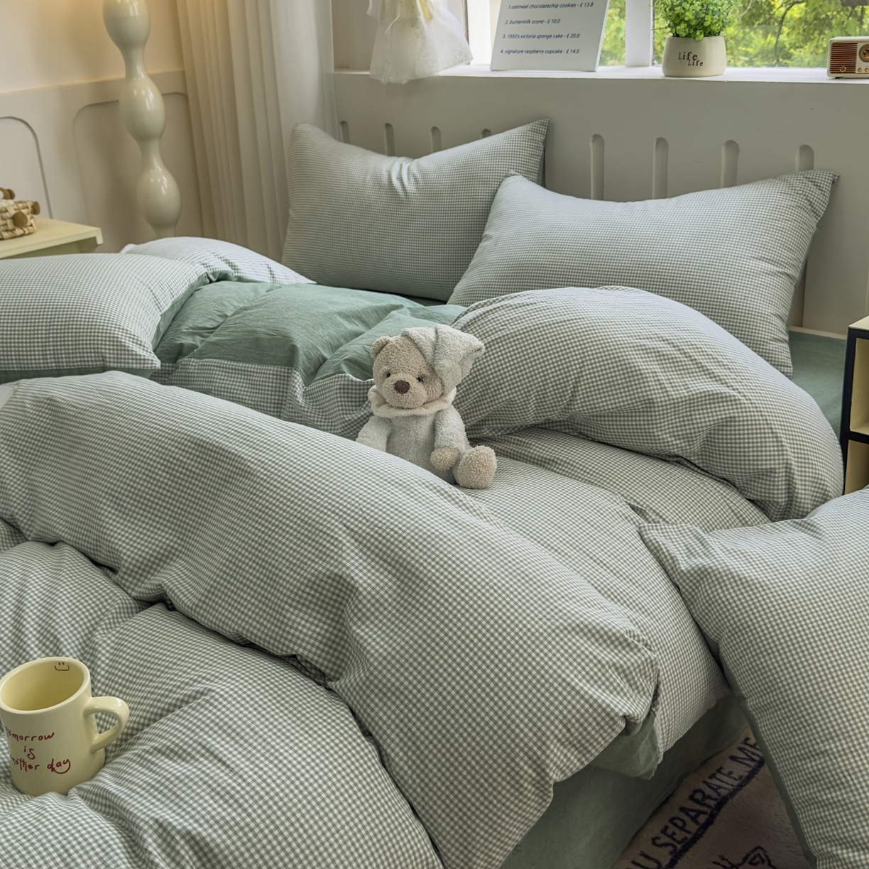 91家纺网 家纺一手货源 找家纺 宜家坊 2025新款A类全棉色织水洗棉单枕套系列 密格-草绿