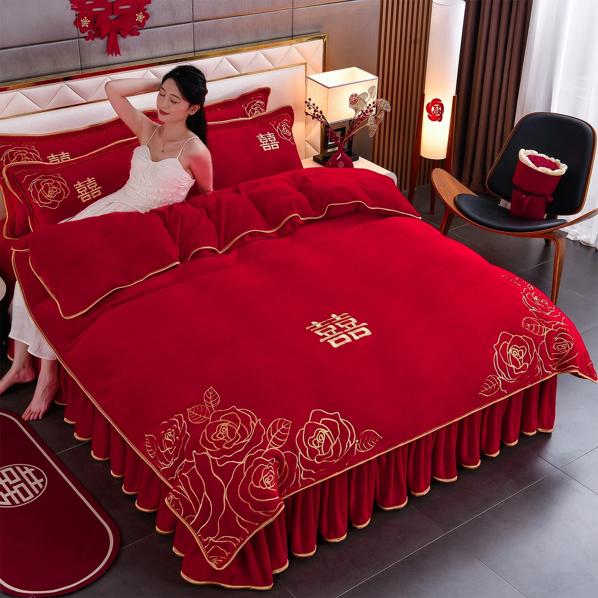 91家纺网 家纺一手货源 找家纺 居尚家纺 2025新款牛奶绒大红婚庆刺绣四件套 永恒爱恋