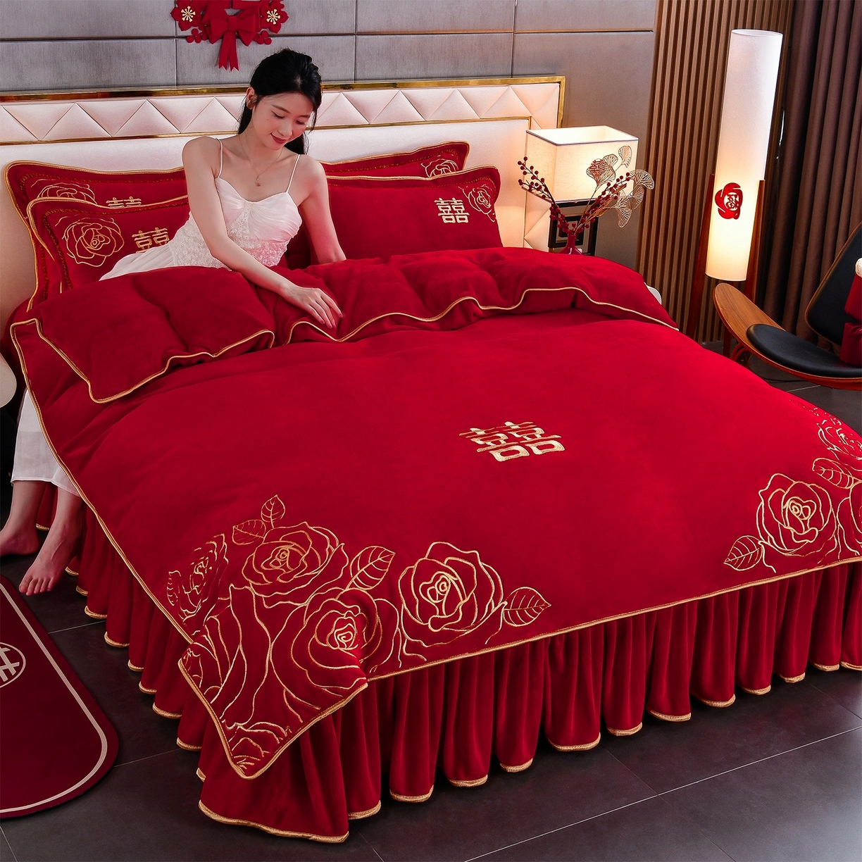 91家纺网 家纺一手货源 找家纺 居尚家纺 2025新款牛奶绒大红婚庆刺绣四件套 永恒爱恋