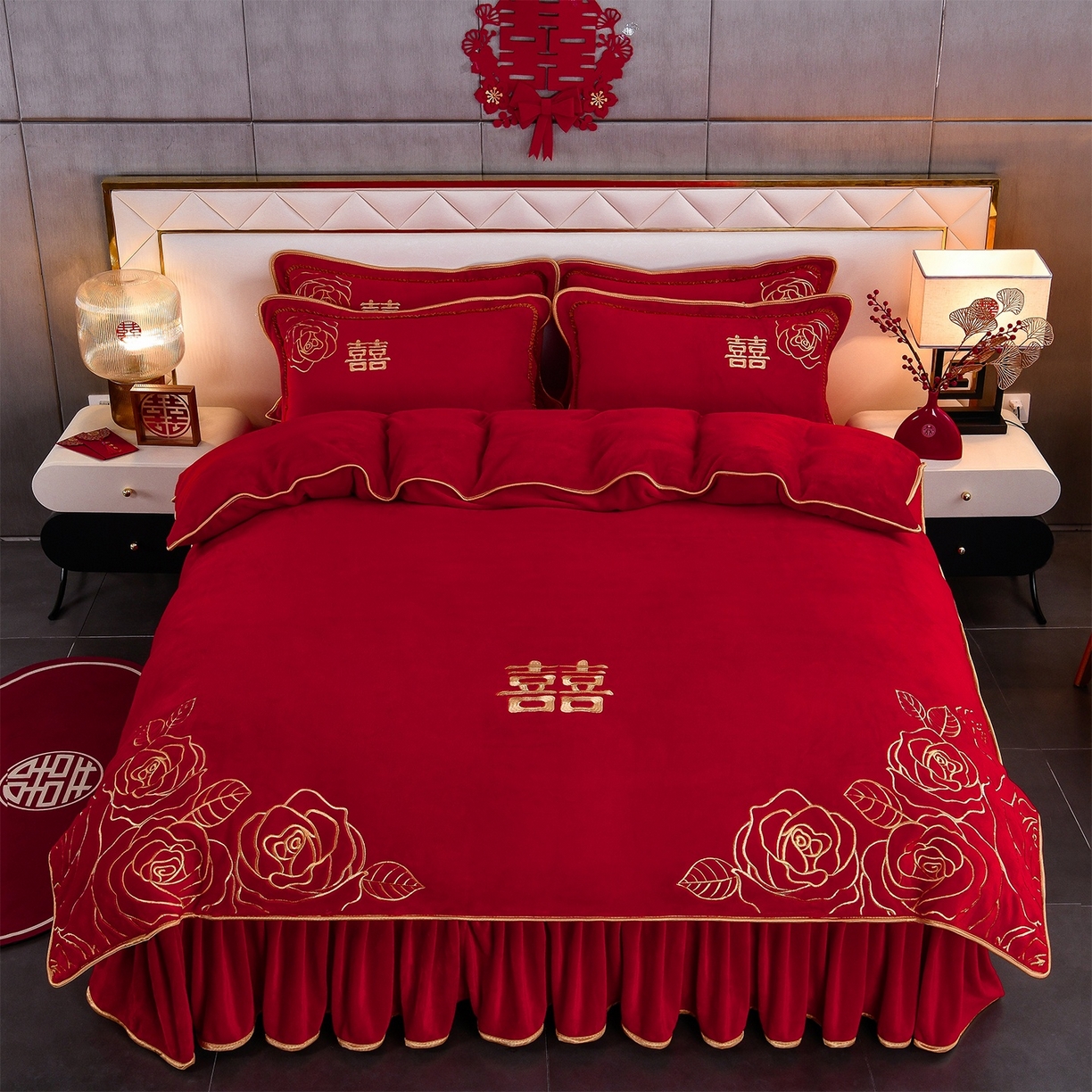 91家纺网 家纺一手货源 找家纺 居尚家纺 2025新款牛奶绒大红婚庆刺绣四件套 永恒爱恋