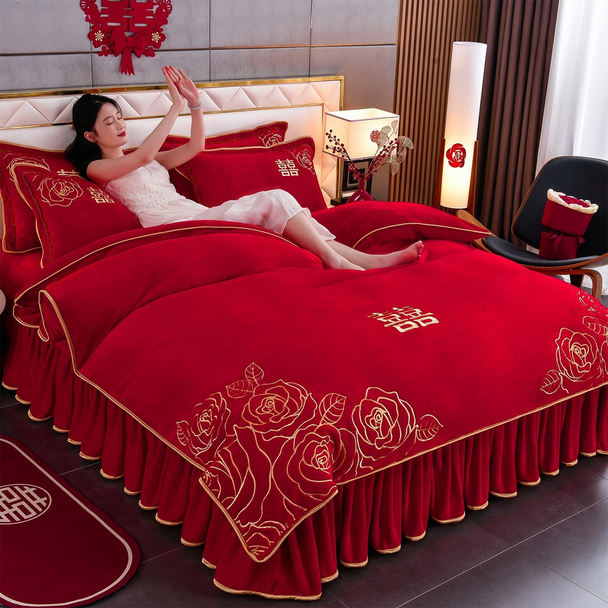 91家纺网 家纺一手货源 找家纺 居尚家纺 2025新款牛奶绒大红婚庆刺绣四件套 永恒爱恋