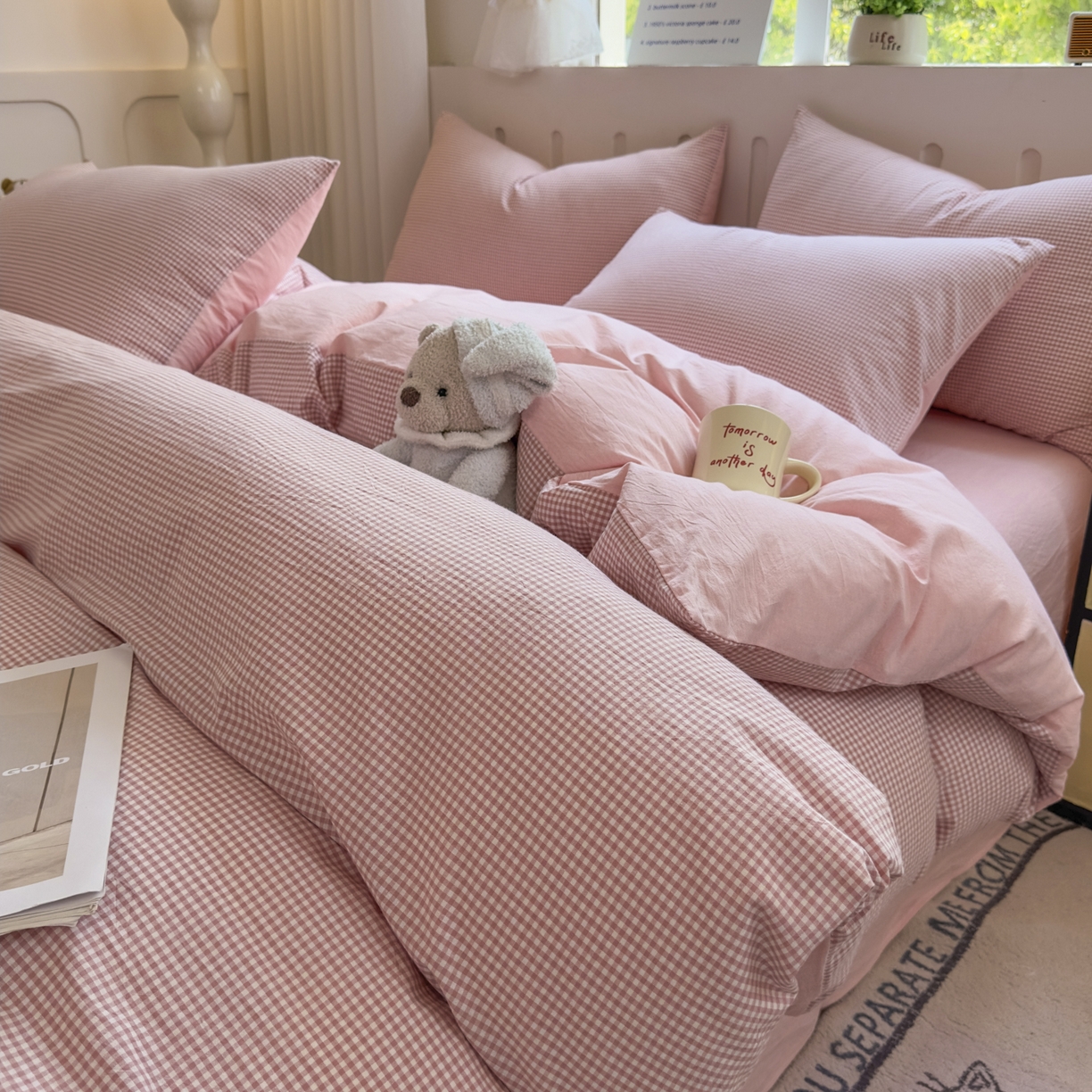 91家纺网 家纺一手货源 找家纺 宜家坊 2025新款A类全棉色织水洗棉单枕套系列 密格-浅粉