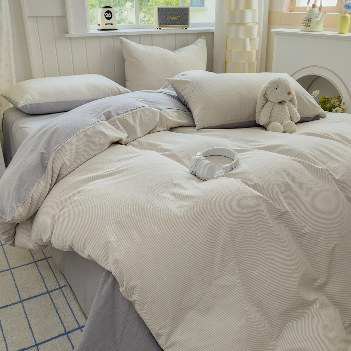 91家纺网 家纺一手货源 找家纺 宜家坊 2025新款A类全棉色织水洗棉单枕套系列 密条-米灰