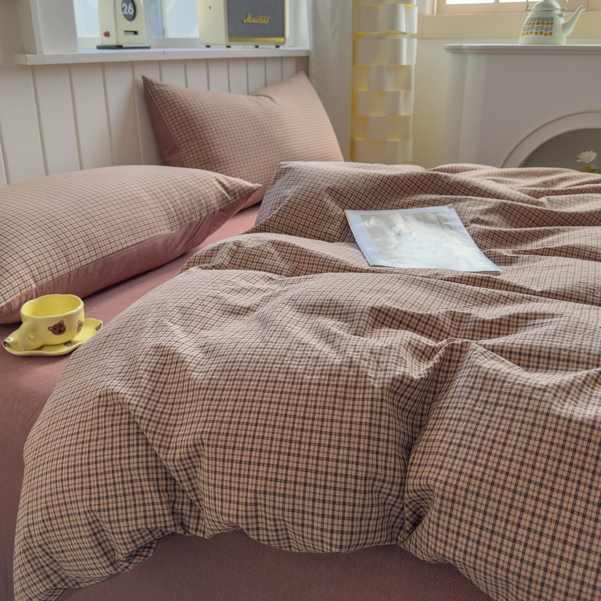 91家纺网 家纺一手货源 找家纺 宜家坊 2025新款A类全棉色织水洗棉单枕套系列 沐风-粉红