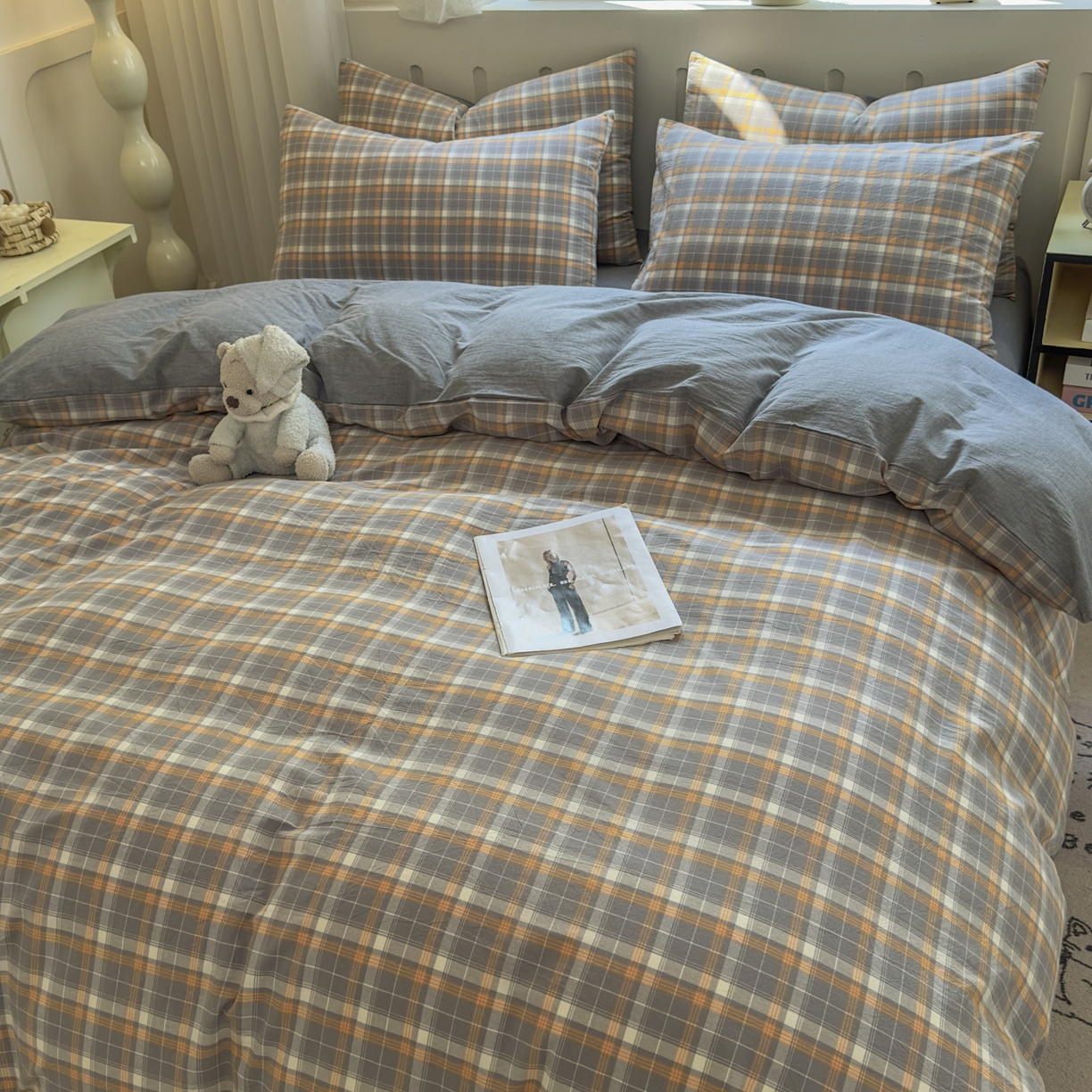 91家纺网 家纺一手货源 找家纺 宜家坊 2025新款A类全棉色织水洗棉单枕套系列 映像格-橙灰