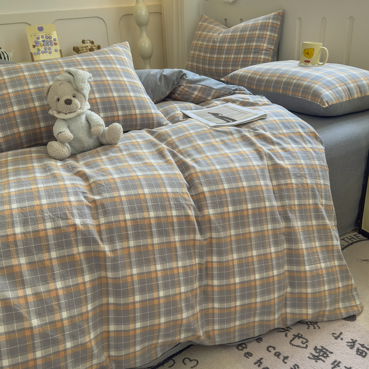 91家纺网 家纺一手货源 找家纺 宜家坊 2025新款A类全棉色织水洗棉单枕套系列 映像格-橙灰