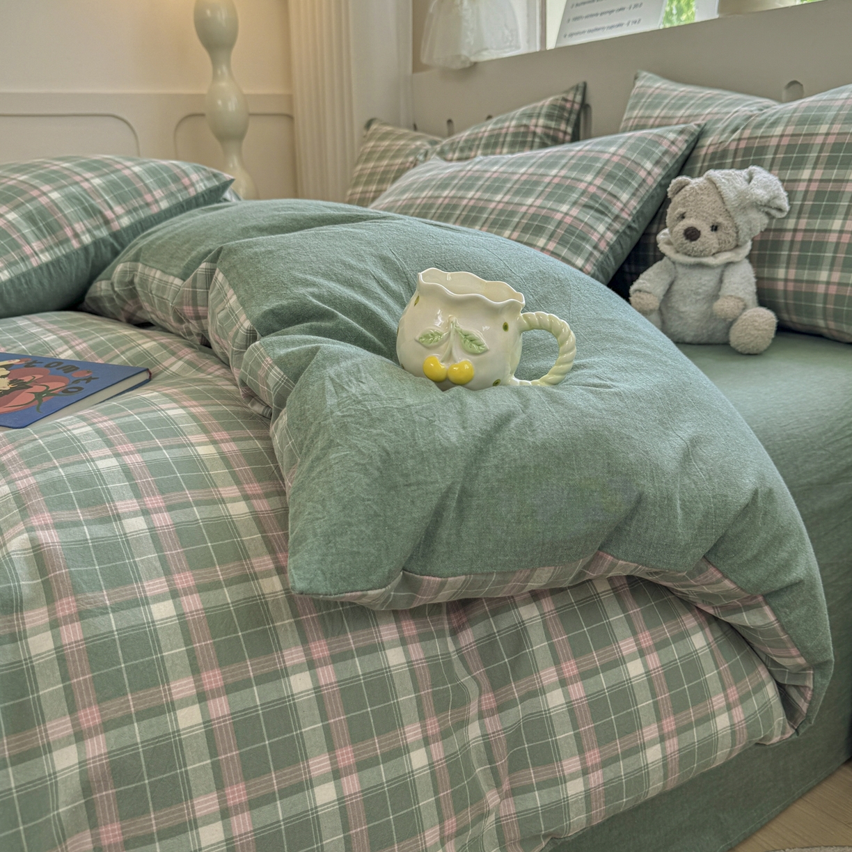 91家纺网 家纺一手货源 找家纺 宜家坊 2025新款A类全棉色织水洗棉单枕套系列 映像格-绿