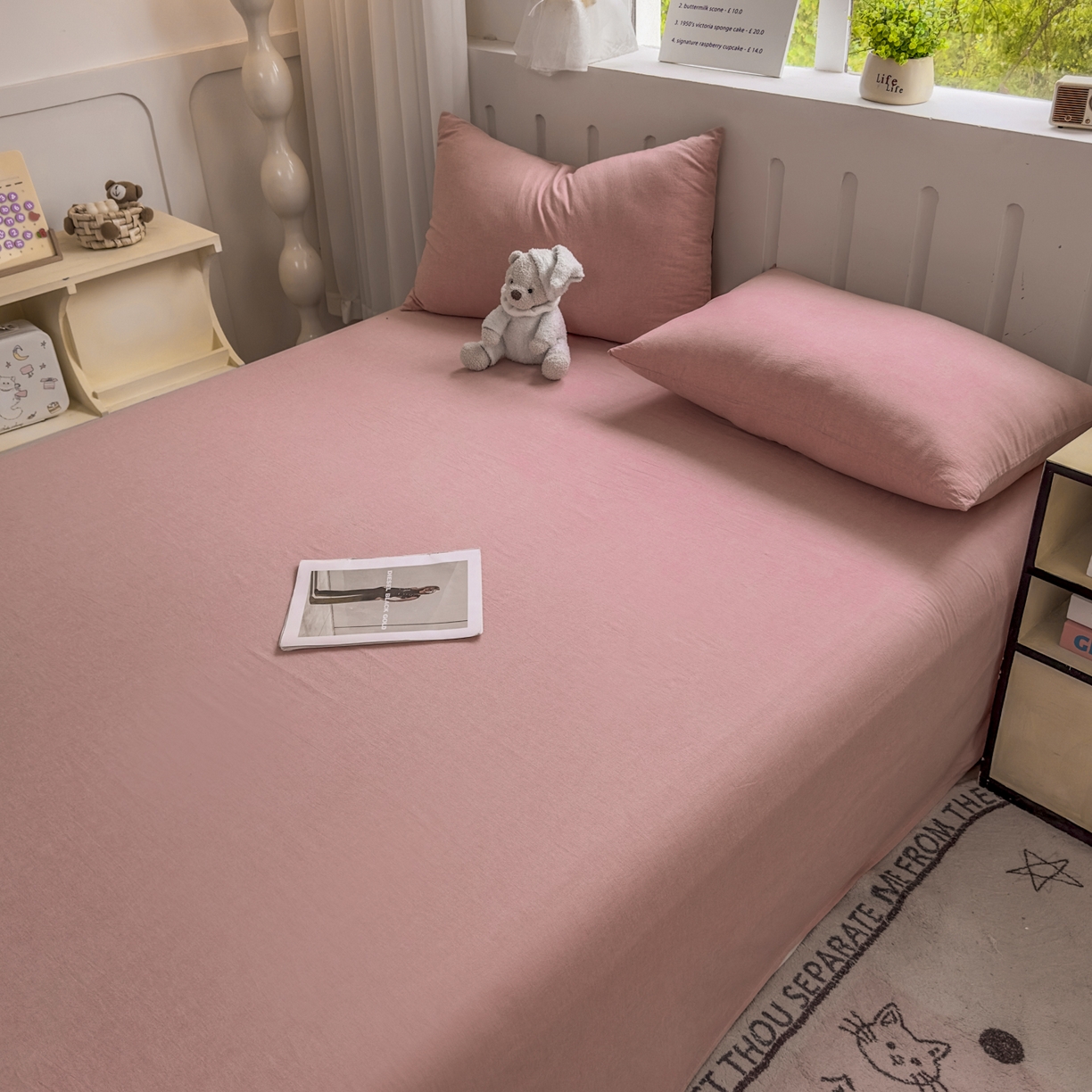 91家纺网 家纺一手货源 找家纺 宜家坊 2025新款A类色织全棉水洗棉床笠单件纯棉格子纯色学生宿舍定制定做 纯色-藕粉