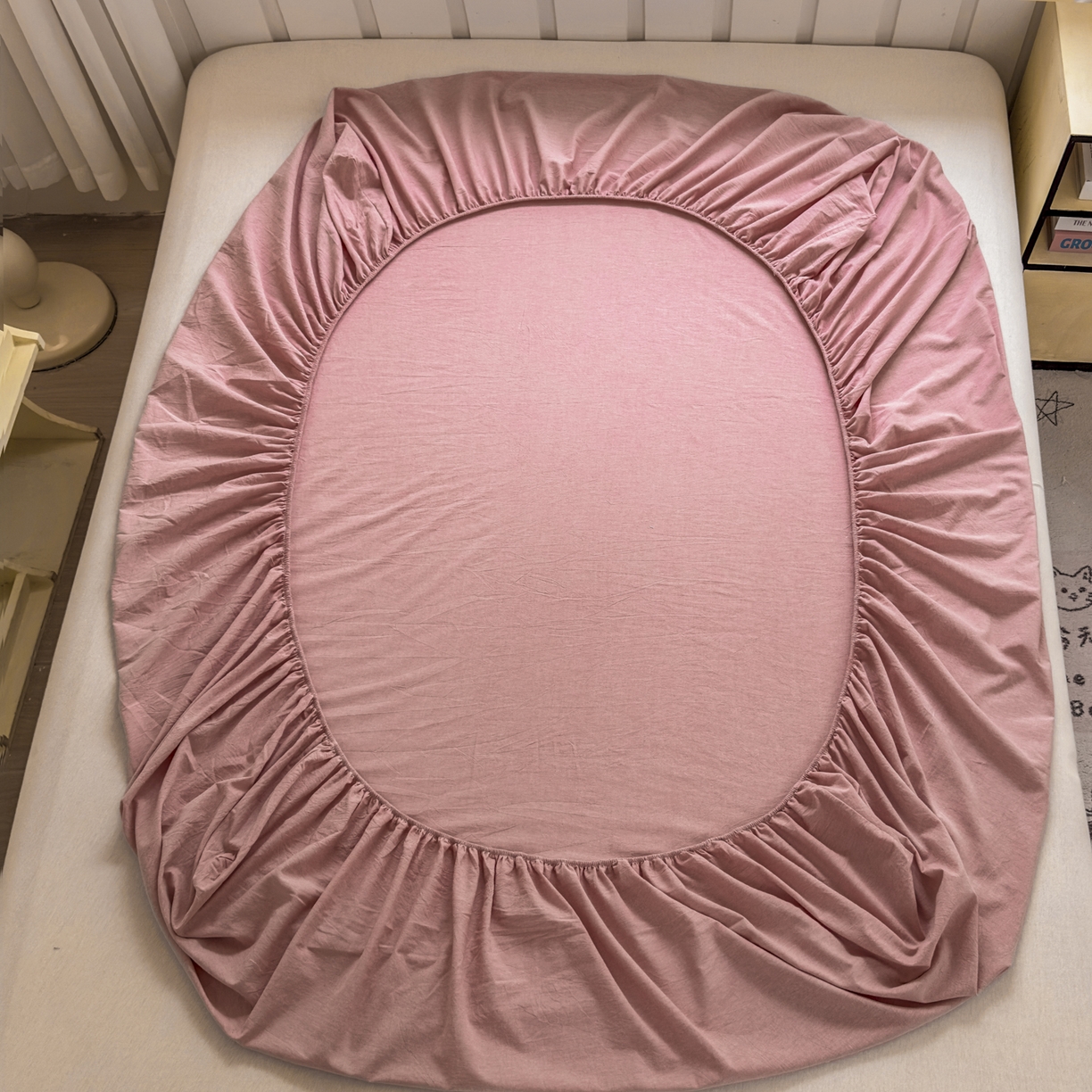 91家纺网 家纺一手货源 找家纺 宜家坊 2025新款A类色织全棉水洗棉床笠单件纯棉格子纯色学生宿舍定制定做 纯色-藕粉