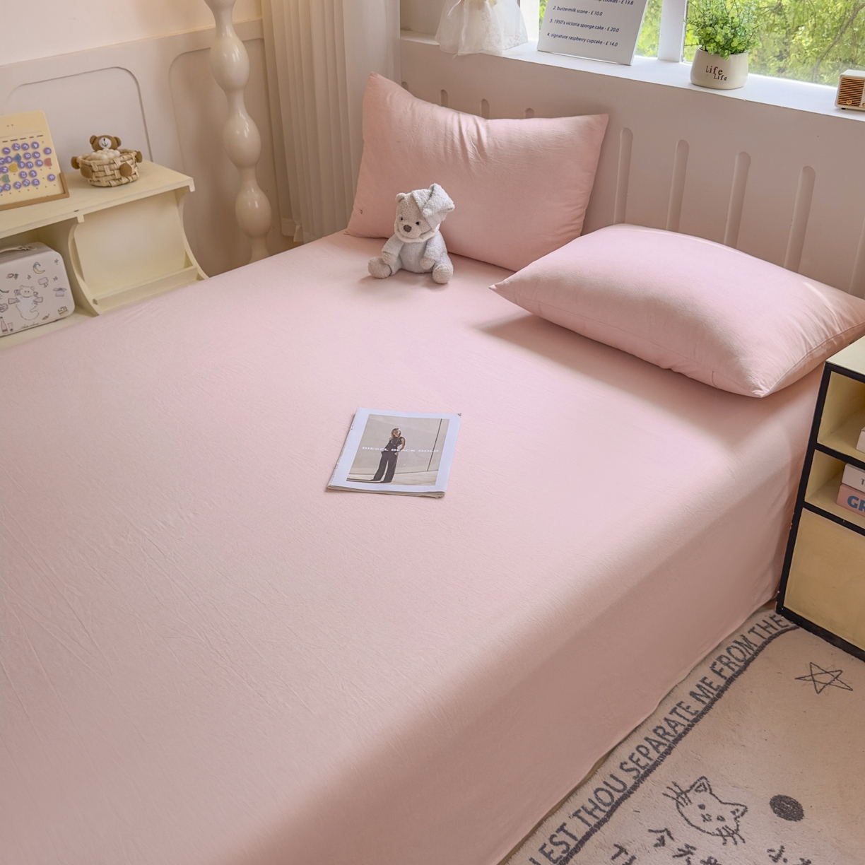 91家纺网 家纺一手货源 找家纺 宜家坊 2025新款A类色织全棉水洗棉床笠单件纯棉格子纯色学生宿舍定制定做 纯色-浅粉