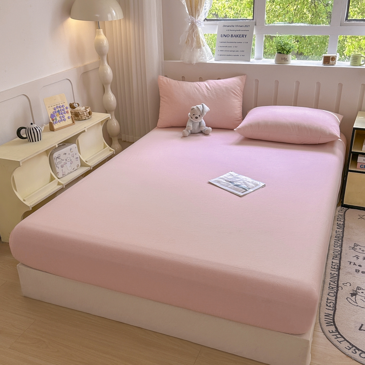 91家纺网 家纺一手货源 找家纺 宜家坊 2025新款A类色织全棉水洗棉床笠单件纯棉格子纯色学生宿舍定制定做 纯色-浅粉