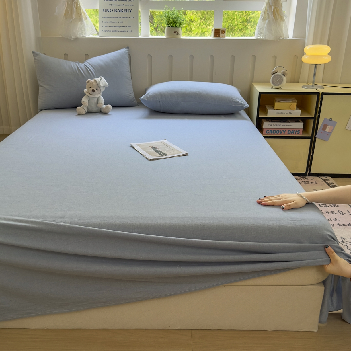 91家纺网 家纺一手货源 找家纺 宜家坊 2025新款A类色织全棉水洗棉床笠单件纯棉格子纯色学生宿舍定制定做 纯色-浅蓝