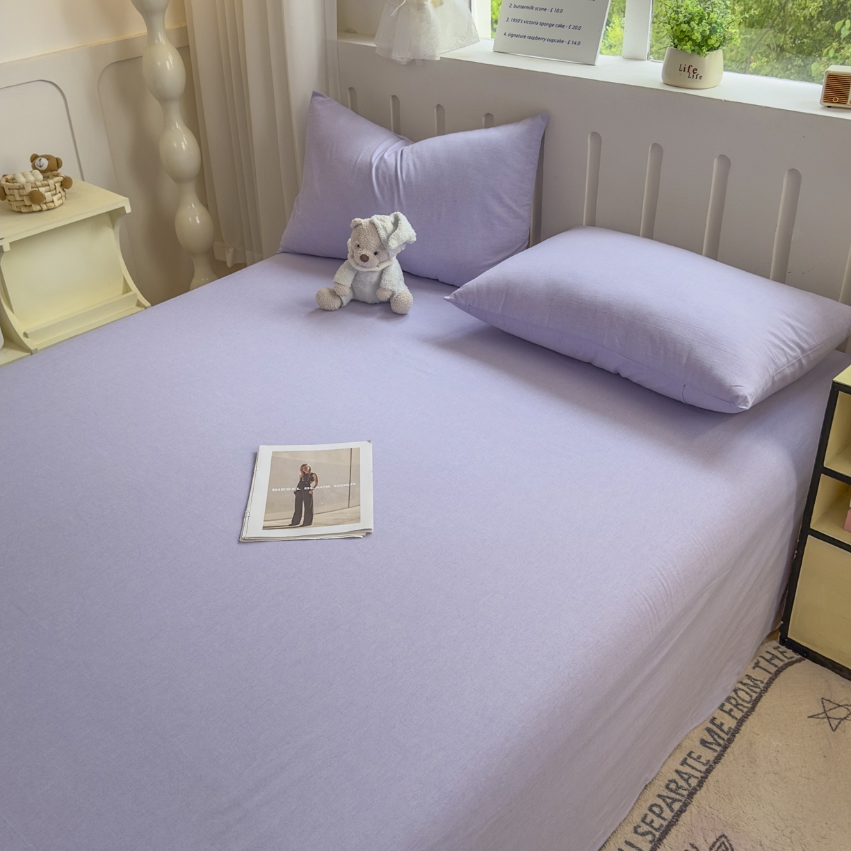 91家纺网 家纺一手货源 找家纺 宜家坊 2025新款A类色织全棉水洗棉床笠单件纯棉格子纯色学生宿舍定制定做 纯色-浅紫