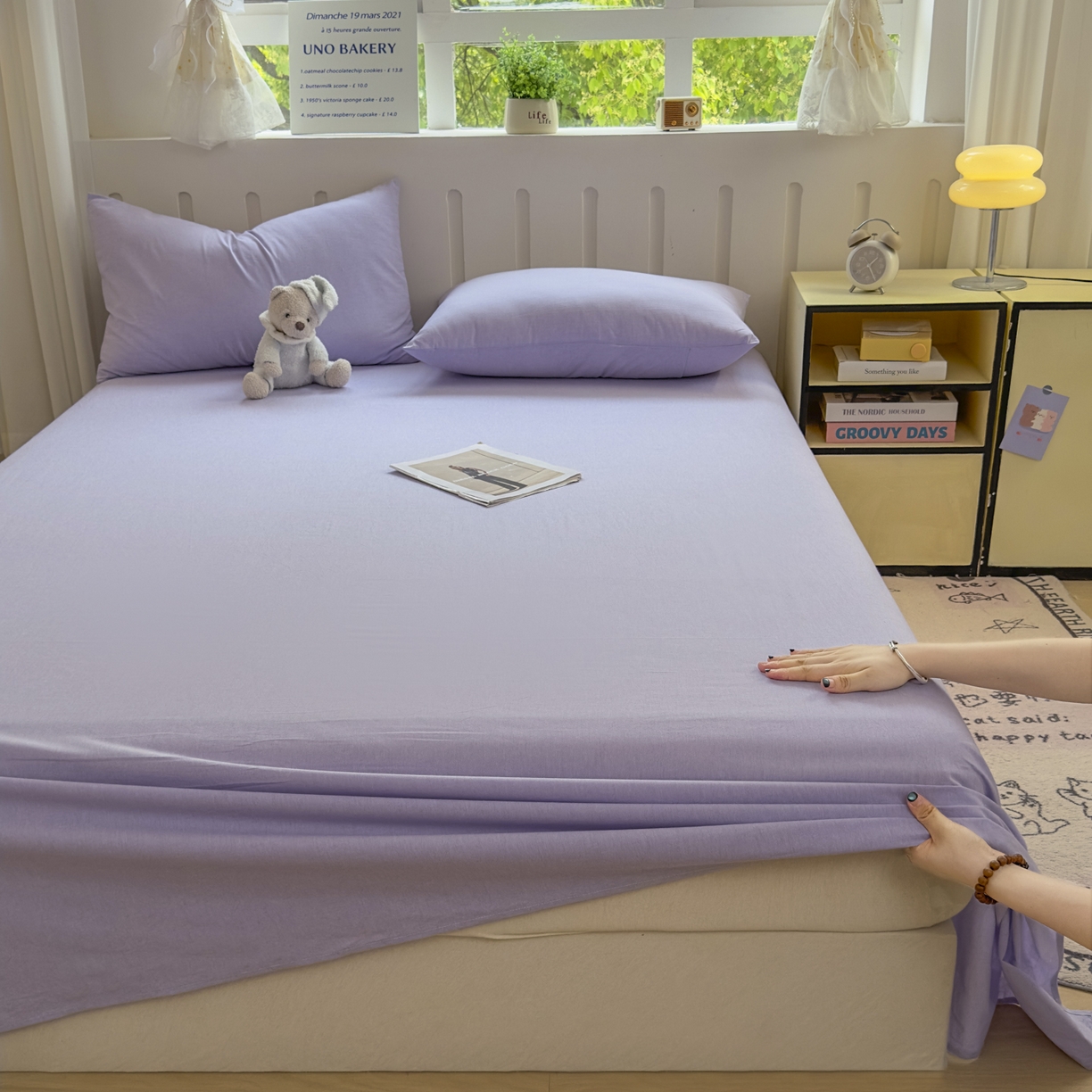 91家纺网 家纺一手货源 找家纺 宜家坊 2025新款A类色织全棉水洗棉床笠单件纯棉格子纯色学生宿舍定制定做 纯色-浅紫