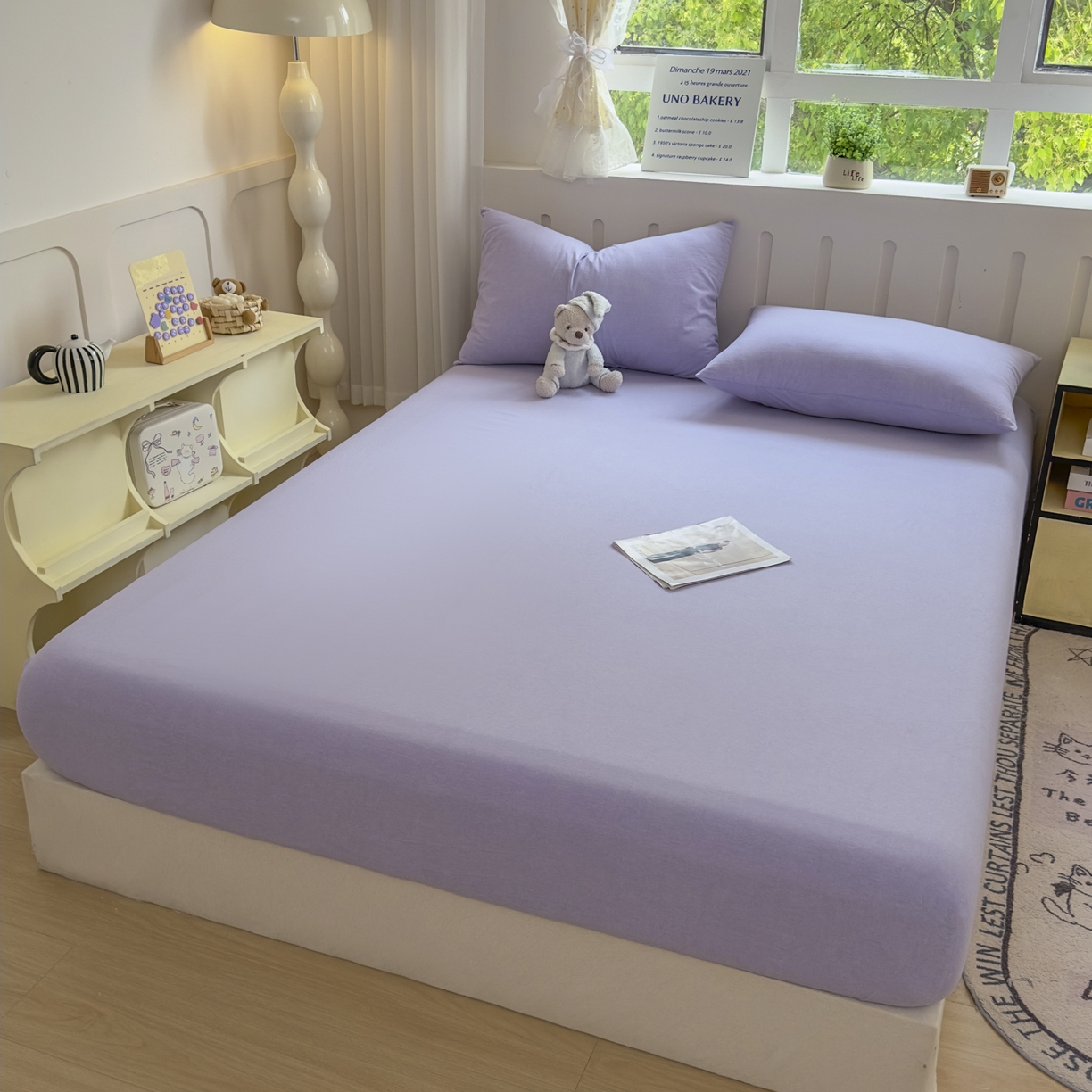 91家纺网 家纺一手货源 找家纺 宜家坊 2025新款A类色织全棉水洗棉床笠单件纯棉格子纯色学生宿舍定制定做 纯色-浅紫