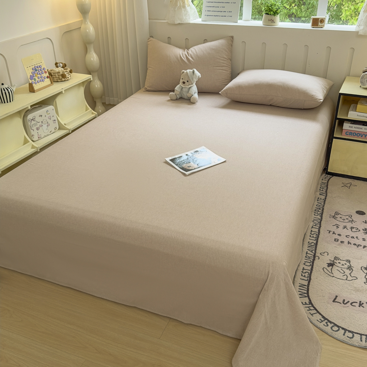 91家纺网 家纺一手货源 找家纺 宜家坊 2025新款A类色织全棉水洗棉床笠单件纯棉格子纯色学生宿舍定制定做 纯色-土密