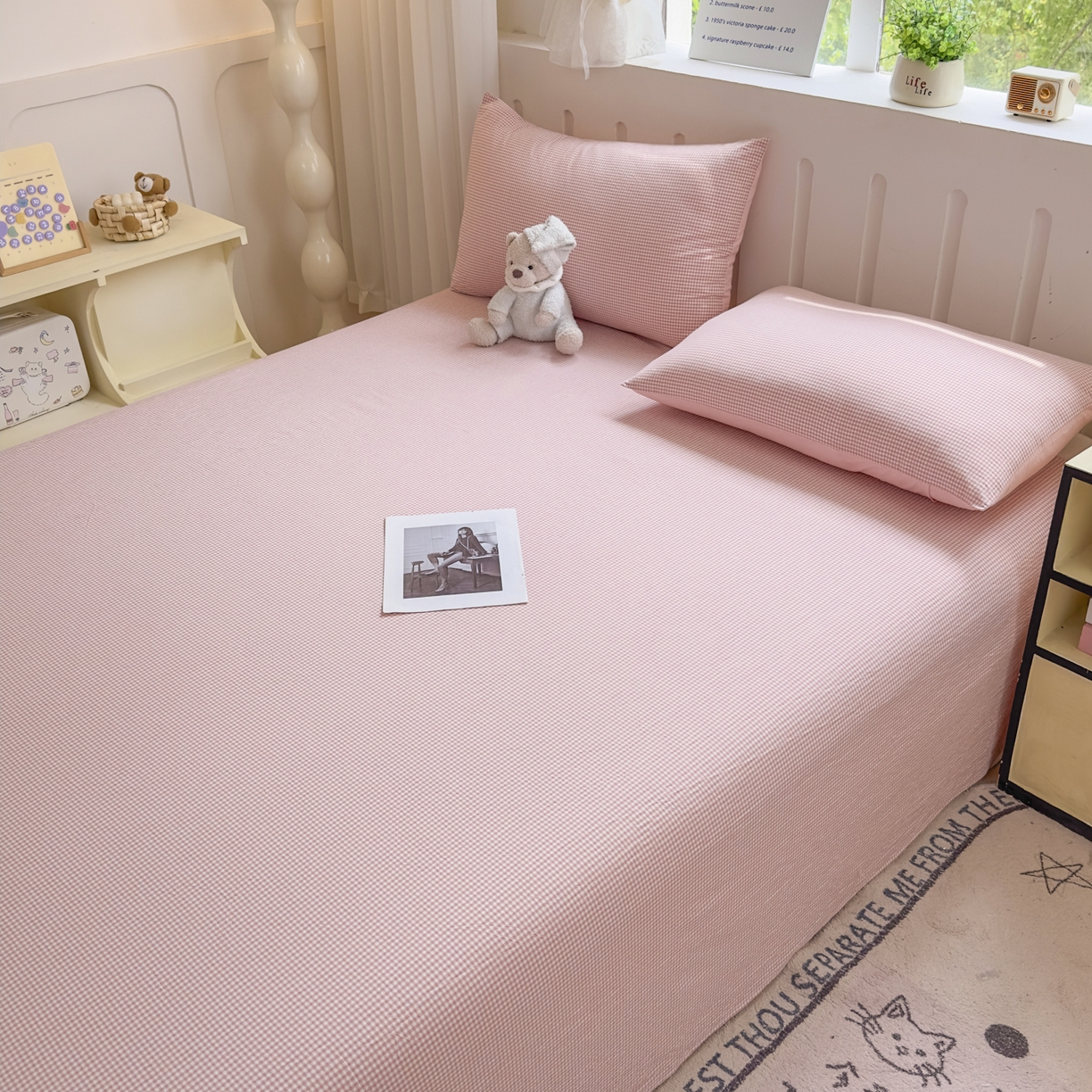 91家纺网 家纺一手货源 找家纺 宜家坊 2025新款A类色织全棉水洗棉床笠单件纯棉格子纯色学生宿舍定制定做 密格-浅粉