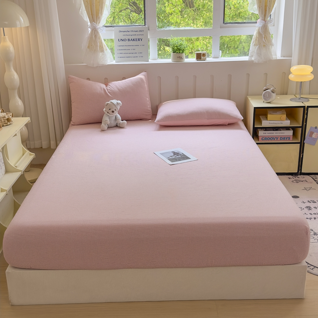 91家纺网 家纺一手货源 找家纺 宜家坊 2025新款A类色织全棉水洗棉床笠单件纯棉格子纯色学生宿舍定制定做 密格-浅粉