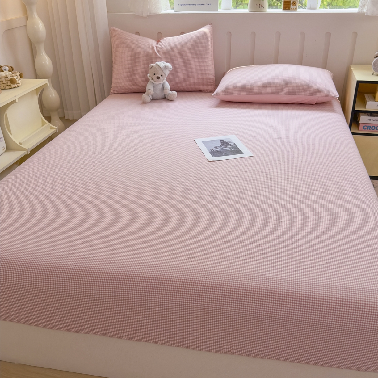 91家纺网 家纺一手货源 找家纺 宜家坊 2025新款A类色织全棉水洗棉床笠单件纯棉格子纯色学生宿舍定制定做 密格-浅粉