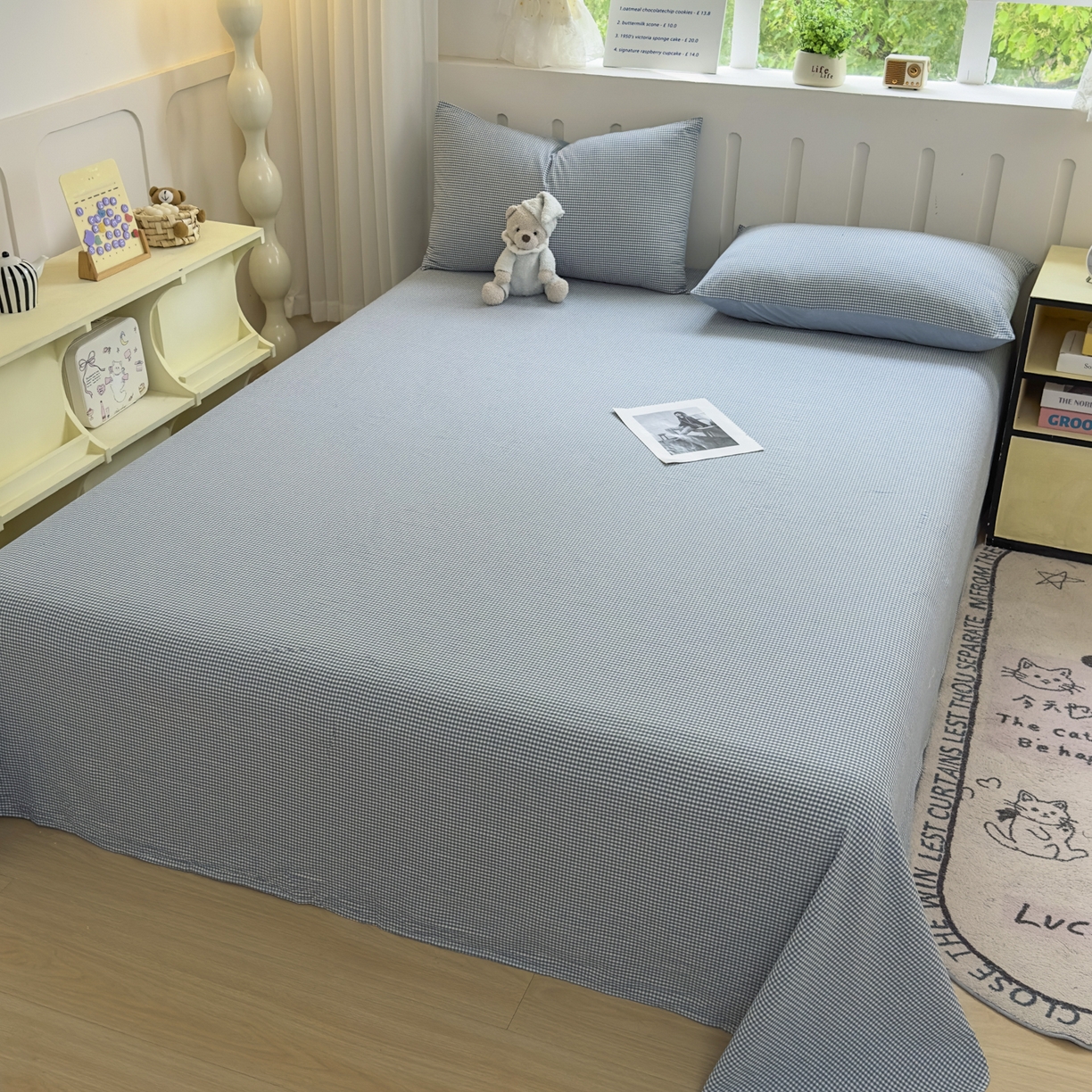 91家纺网 家纺一手货源 找家纺 宜家坊 2025新款A类色织全棉水洗棉床笠单件纯棉格子纯色学生宿舍定制定做 密格-浅蓝