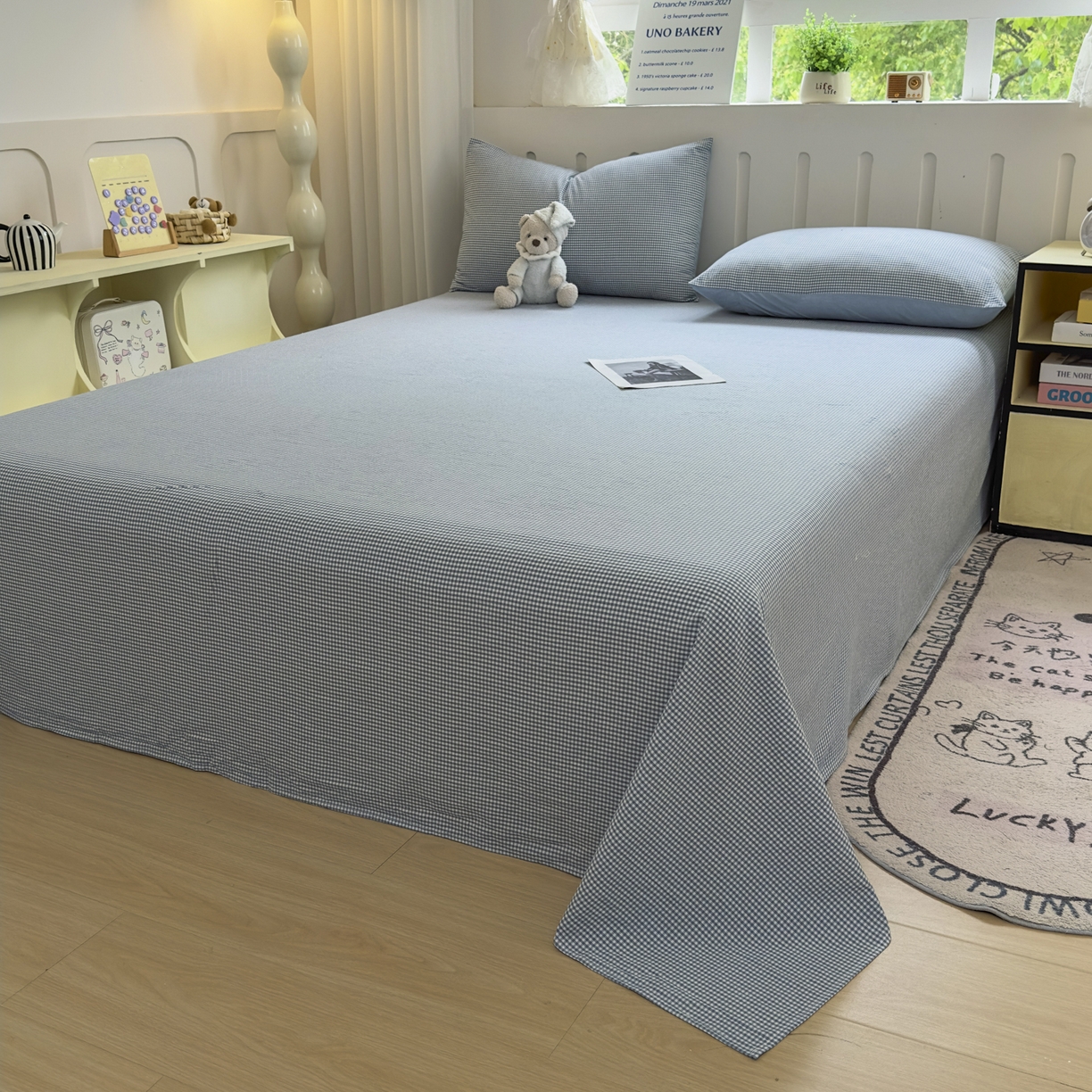 91家纺网 家纺一手货源 找家纺 宜家坊 2025新款A类色织全棉水洗棉床笠单件纯棉格子纯色学生宿舍定制定做 密格-浅蓝