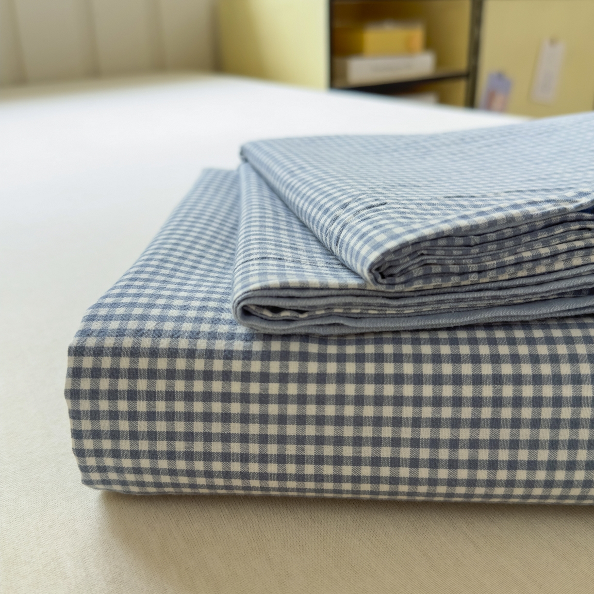 91家纺网 家纺一手货源 找家纺 宜家坊 2025新款A类色织全棉水洗棉床笠单件纯棉格子纯色学生宿舍定制定做 密格-浅蓝