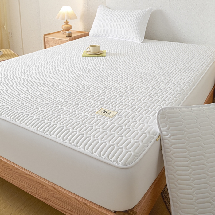 91家纺网 家纺一手货源 找家纺 曼陀罗 2025新款A类新疆棉花夹棉防水床笠 小竹纹-本白