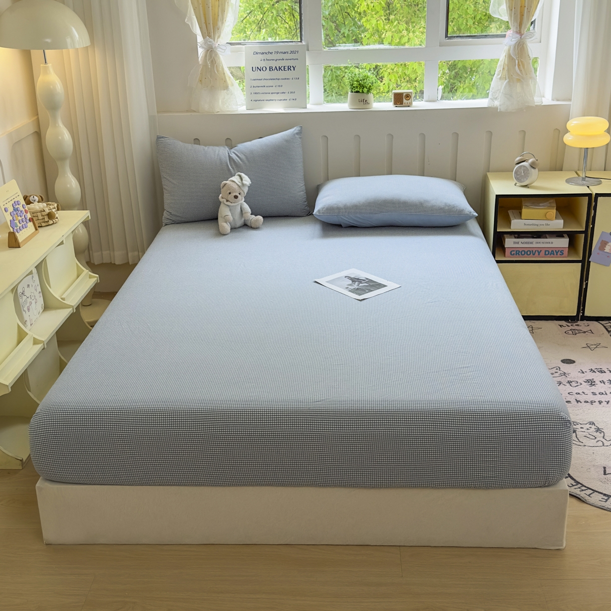 91家纺网 家纺一手货源 找家纺 宜家坊 2025新款A类色织全棉水洗棉床笠单件纯棉格子纯色学生宿舍定制定做 密格-浅蓝