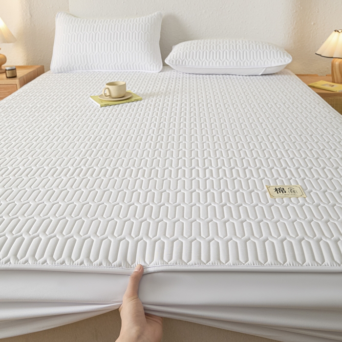 91家纺网 家纺一手货源 找家纺 曼陀罗 2025新款A类新疆棉花夹棉防水床笠 小竹纹-本白