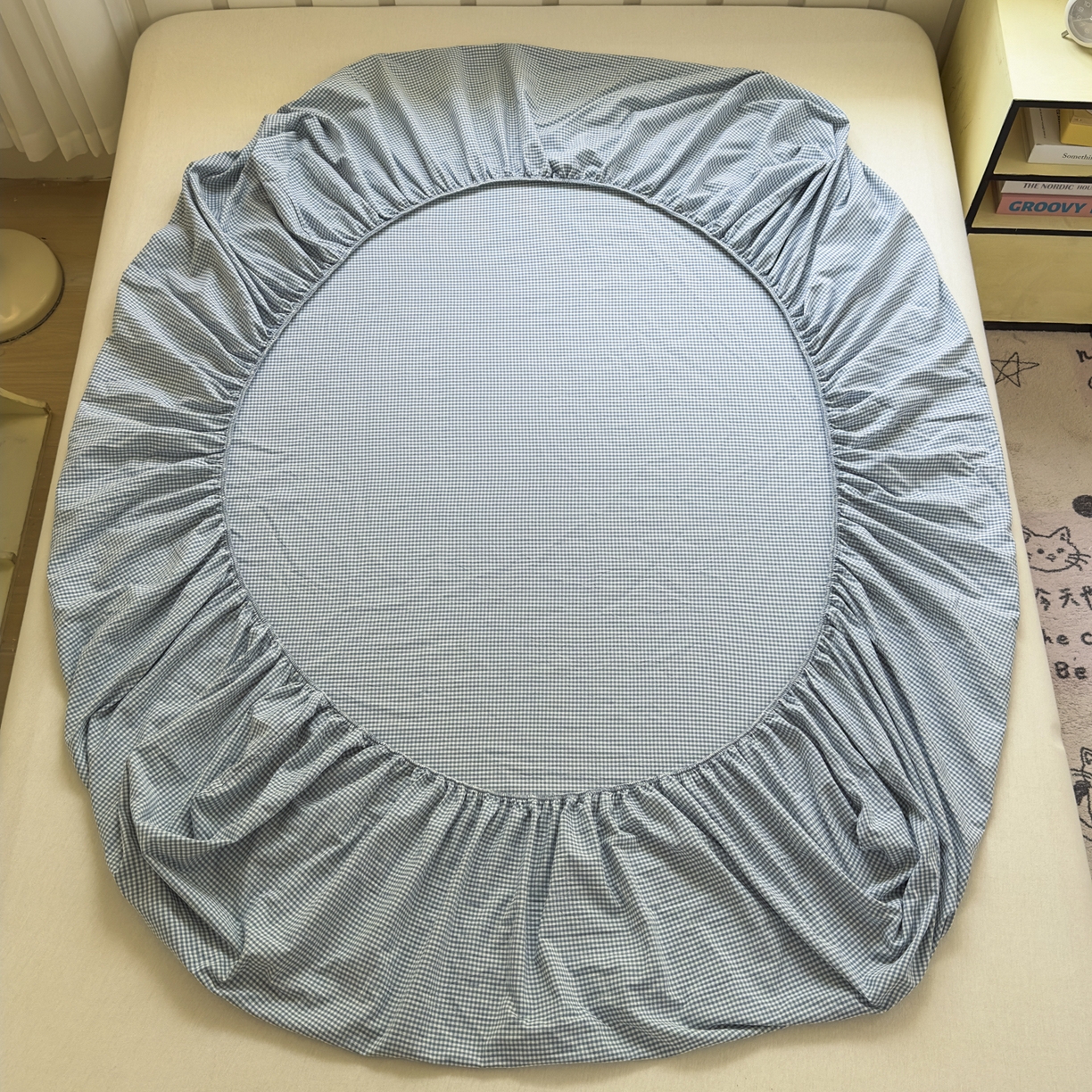 91家纺网 家纺一手货源 找家纺 宜家坊 2025新款A类色织全棉水洗棉床笠单件纯棉格子纯色学生宿舍定制定做 密格-浅蓝